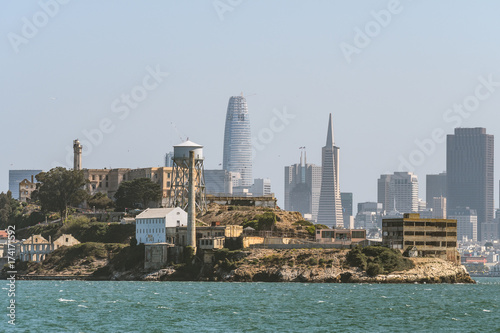 alcatraz island and san francisco skyline at background