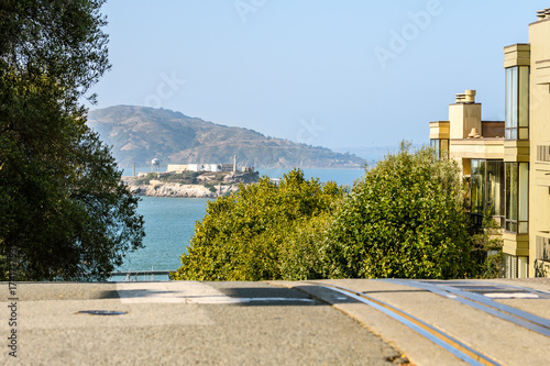 san francisco hill and alcatraz island at background, california