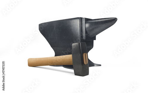 Fotografie Blacksmith's anvil and hammer on a white background. 3d rendering