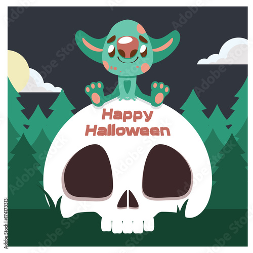 Cute green monster on a skull greeting