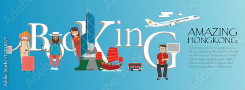 Travel infographic.Hongkong  infographic, booking  lettering and famous landmarks ,amazing Hongkong concept,booking online concept.