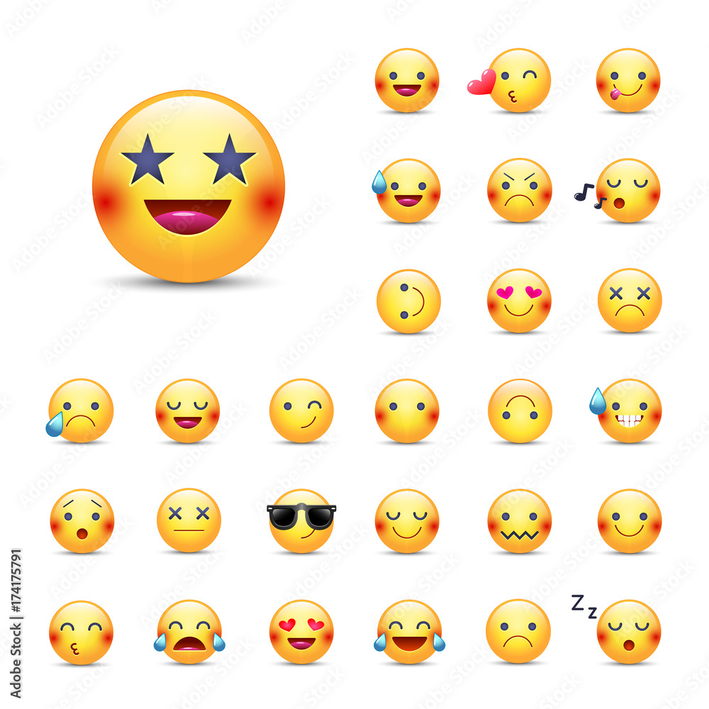 Smileys vector icon set. Emoticons pack. Happy, merry, singing, sleeping, ninja, crying, eyes in the form of stars, in love and other round yellow emoji face. Large collection of smiles Smileys vector icon set. Emoticons pack. Happy, merry, singing, sleeping, ninja, crying, eyes in the form of stars, in love and other round yellow emoji face. Large collection of smiles