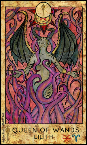 Lilith vampire. Minor Arcana Tarot Card. Queen of Wands