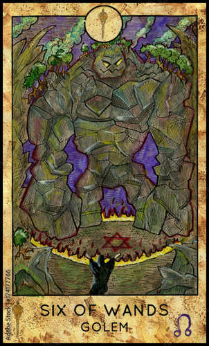 Golem monster. Minor Arcana Tarot Card. Six of Wands