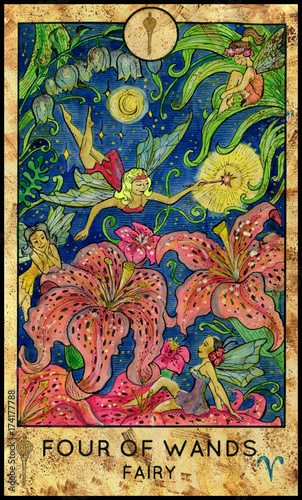 Flower fairies. Minor Arcana Tarot Card. Four of Wands