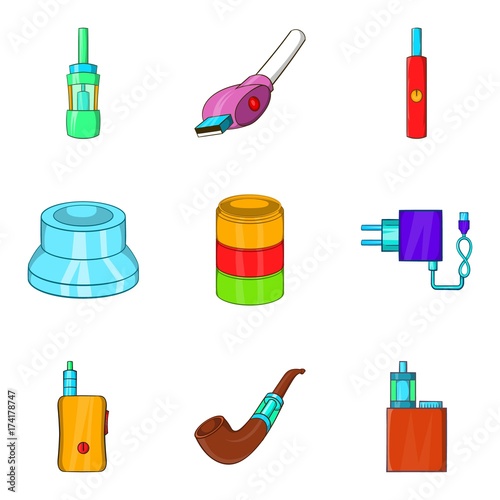 E-cigarette icons set, cartoon style