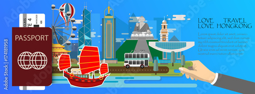Travel infographic .Hongkong  infographic , passport  with landmarks of Hongkong .