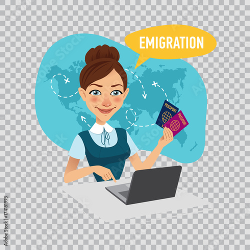 Employee of company prepares visas for immigrants. Emigration concept. Illustration on transparent background.