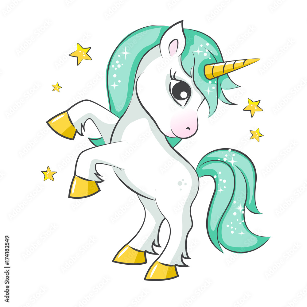 Cute magical unicorn. Vector design on white background. Print for t-shirt  or sticker. Romantic hand drawing illustration for children. vector de  Stock | Adobe Stock