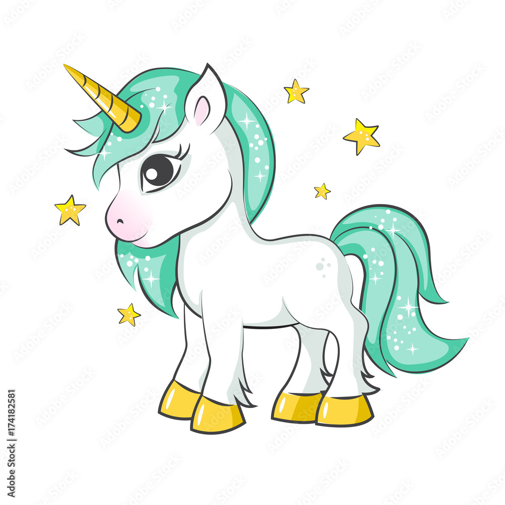 Obraz premium Cute magical unicorn. Vector design on white background. Print for t-shirt or sticker. Romantic hand drawing illustration for children.