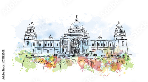 Obraz na płótnie Watercolor sketch of Kolkata Victoria Memorial, India in vector illustration. w salonie