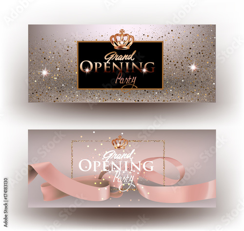 Beige grand opening party invitation cards with sparkling dust, frame and ribbon. Vector illustration