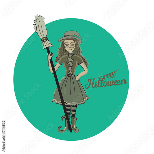 Cute little witch , cartoon magic Halloween young girl, character costume hat, vector illustration.