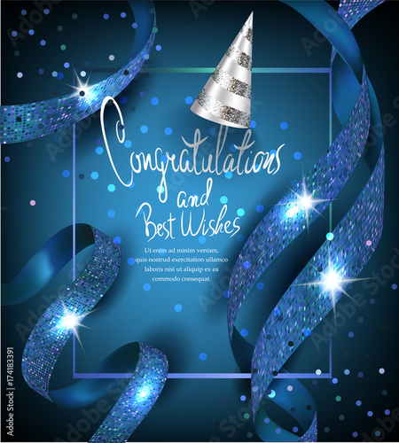 Elegant blue card with blue ribbons with pattern and party hat. Vector illustration