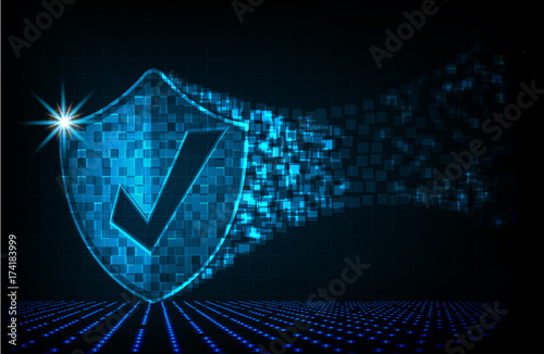 Cyber security concept: Shield With check mark icon on digital data background. Ransomware alert, technology ,cyber secueity,cybercrime.