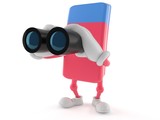 School rubber character looking through binoculars