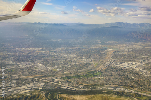 Aerial view of Arcadia, El Monte, Basset, view from window seat in an airplane photo