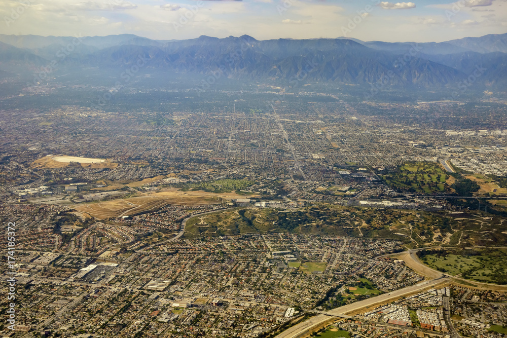 Aerial view of Monterey Park, Rosemead, view from window seat in an airplane