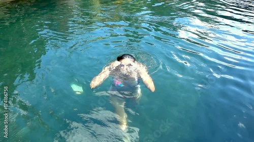 Woman resurfaces from the water in the swimming pool, slow motion shot at 240fps, steadycam shot   
 photo