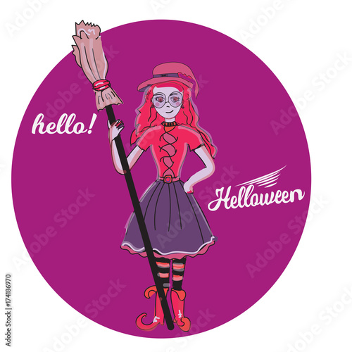Cute little witch , cartoon magic Halloween young girl, character costume hat, vector illustration.