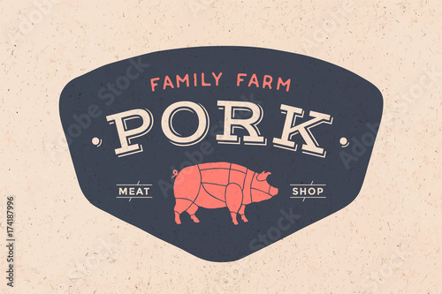 Logo of Butcher meat shop with icon pig, text Pork Meat Shop. Logo graphic template for meat business - shop, market, restaurant or design - menu, poster, banner, sticker, label. Vector Illustration