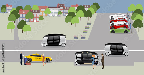 The city of the future concept. Electric vehicles, autonomous buses. Internet of things. Electrical technology. Vector illustration.