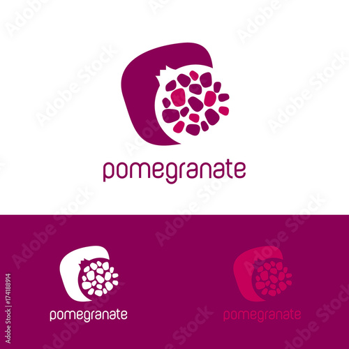  Red pomegranate logo. Pomegranate with grains on different backgrounds.