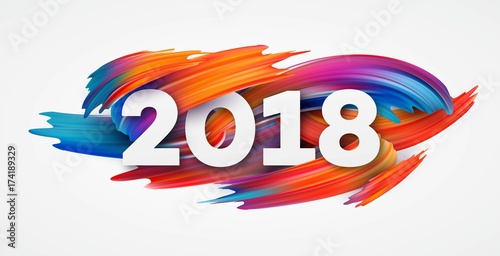 2018 New Year on the background of a colorful brushstroke oil or acrylic paint design element for presentations, flyers, leaflets, postcards and posters. Vector illustration