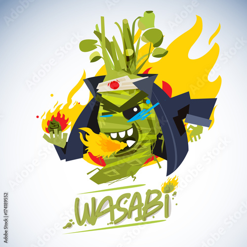 wasabi mascot in japanese costume with fire. hot and spicy character deign - vector