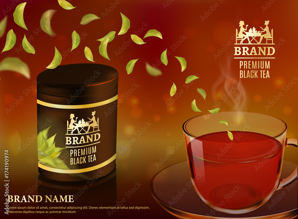 Tea advertising flyer, poster or banner template. Black tea ad, with