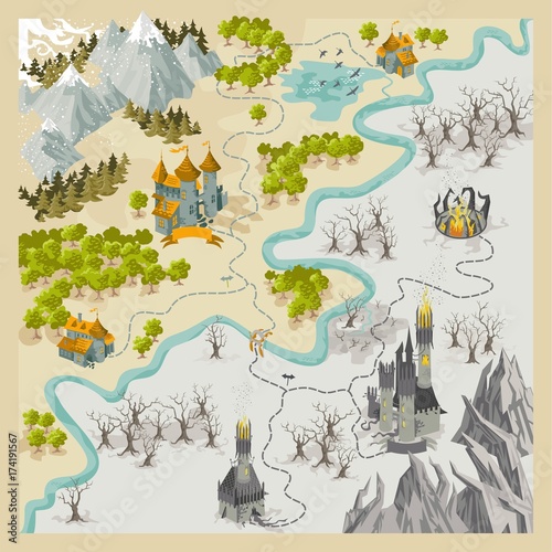 Fantasy Adventure map elements with colorful doodle hand draw in vector illustration - map2