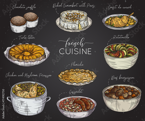 French cuisine. Collection of delicious food on chalkboard. Isolated elements. Concept design for decoration restaurants, menu. Vintage hand drawn vector illustration