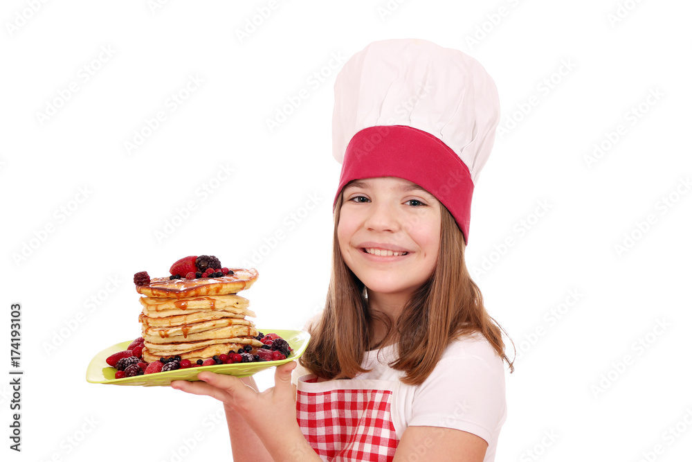 beautiful little girl cook with sweet pancakes beautiful little girl cook with sweet pancakes