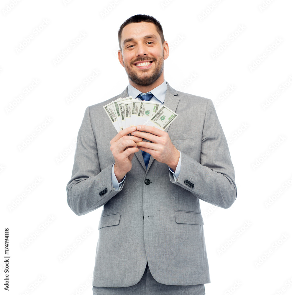 smiling businessman with american dollar money smiling businessman with american dollar money