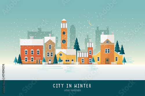 Beautiful urban landscape or cityscape with colorful antique buildings, towers and green spruce trees covered with snow. City street on winter night. Modern colored vector illustration in flat style.