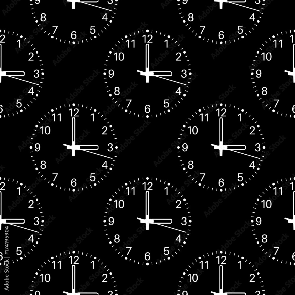 Three o'clock. White clockface on black background. Seamless pattern Three o'clock. White clockface on black background. Seamless pattern