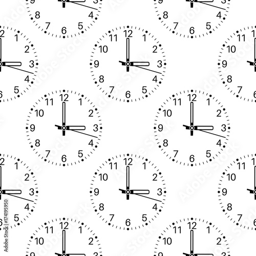 Three o'clock. Clockface isolated on white background. Seamless pattern