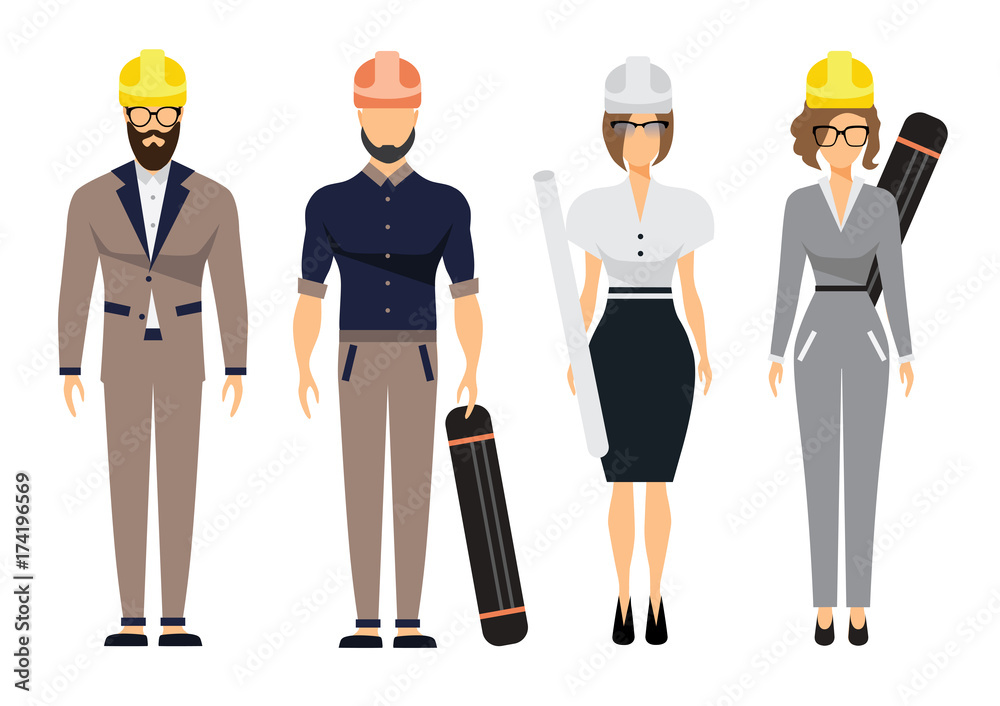 Engineers And Architect Set With Civil Engineering Construction Workers And Surveyor Isolated