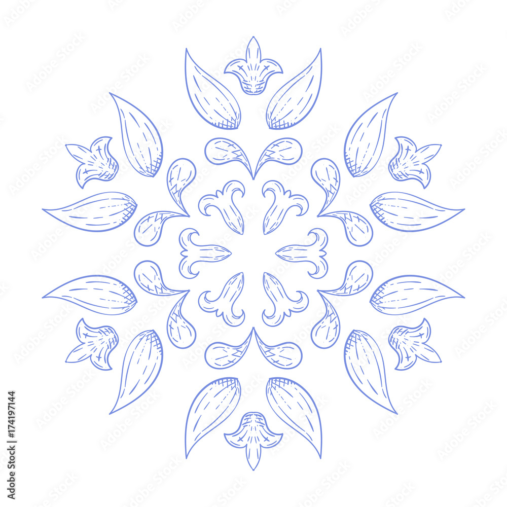 Blue floral ornament. Large decoration isolated on white background