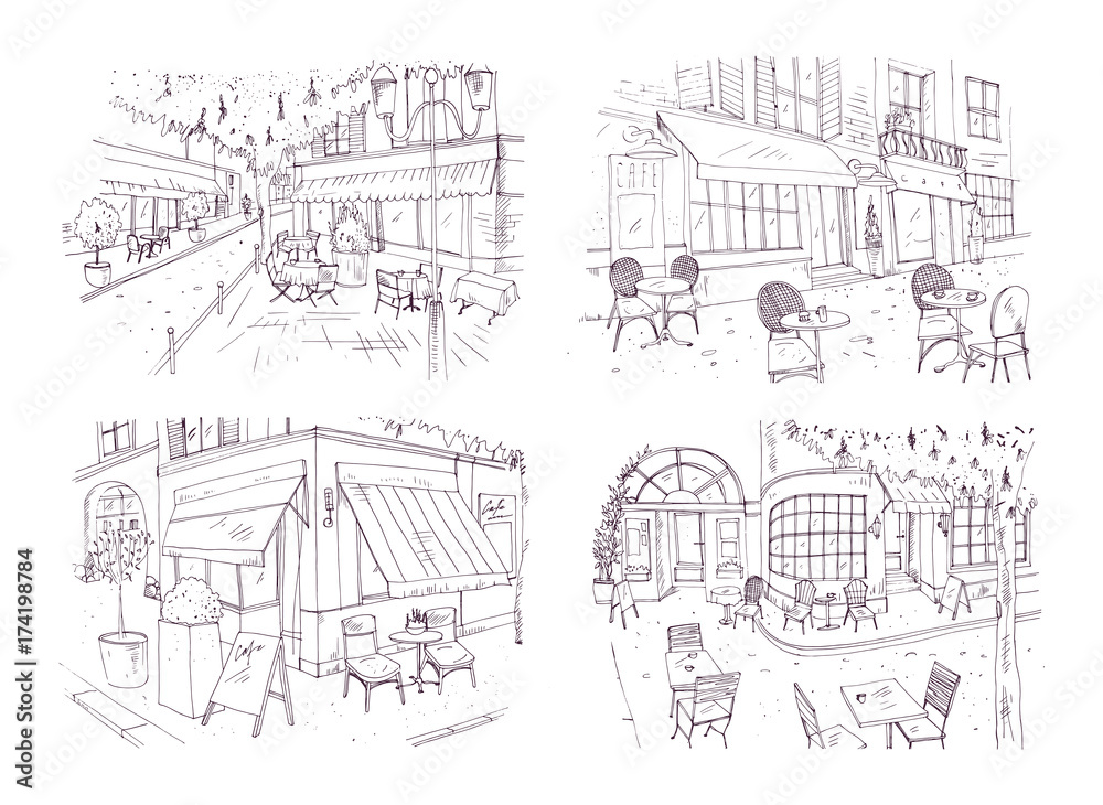 Collection of freehand sketches of outdoor cafe or restaurant with tables and chairs standing on city street beside buildings and trees. Monochrome vector illustration hand drawn with contour lines.