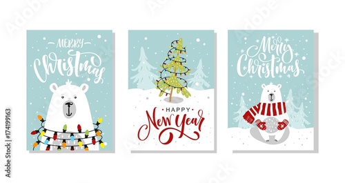Set of Christmas and New Year greeting cards. Vector illustration. Hand drawn lettering.