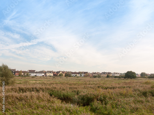 row of houses on coast edge behind field across the way sky and grass © Callum
