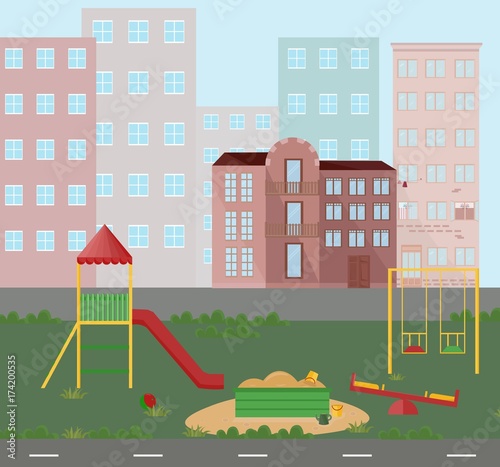 Playground kindergarten city town views. Vector flat style