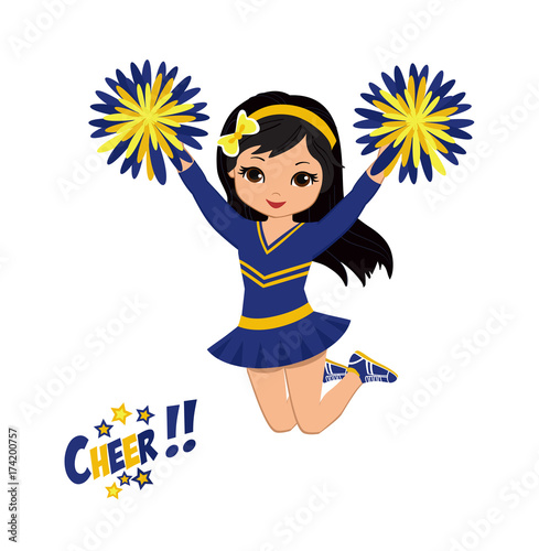 Cheerleader in blue and yellow uniform with Pom Poms. Vector illustration isolated on white background.