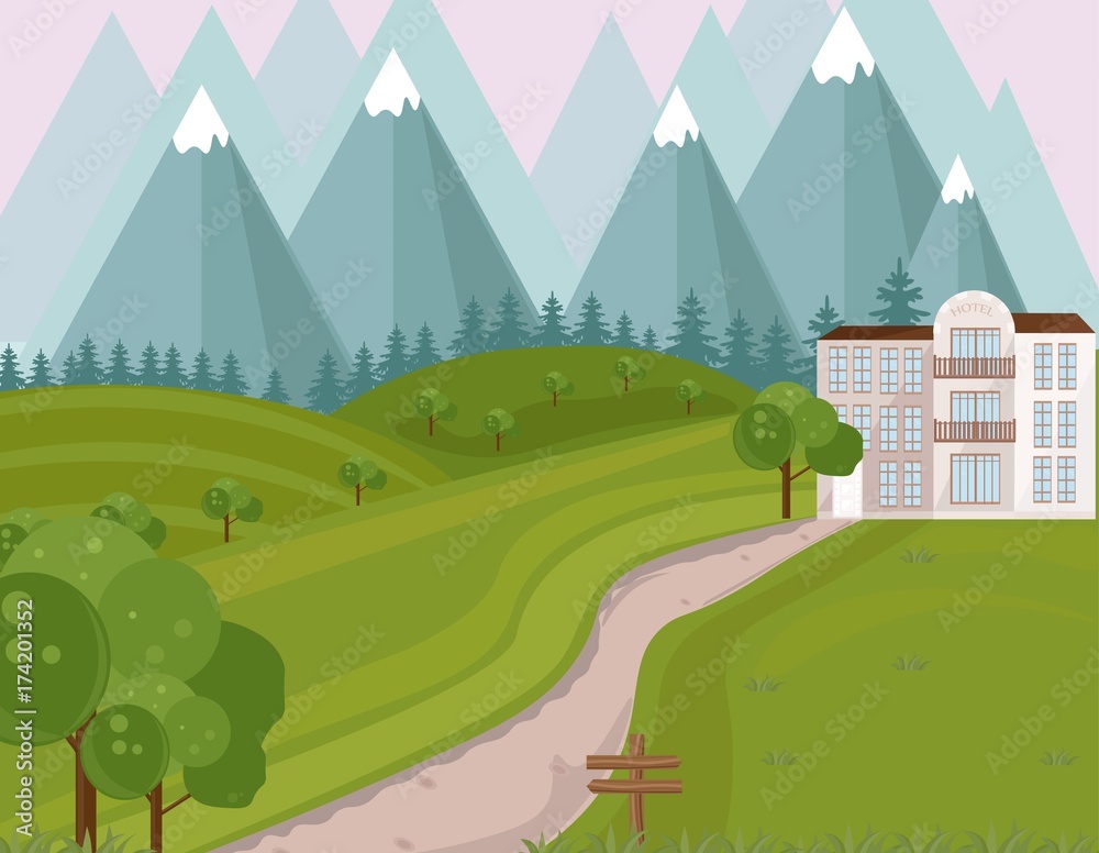 Hotel facade in the middle of the mountains Vector background