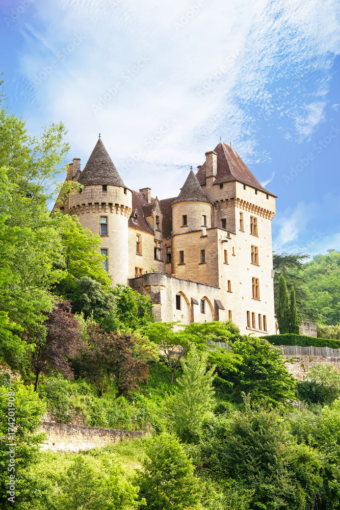 Le château de La Roque Gageac vu depuis la Dordogne. Dordogne. Nouvelle Aquitaine