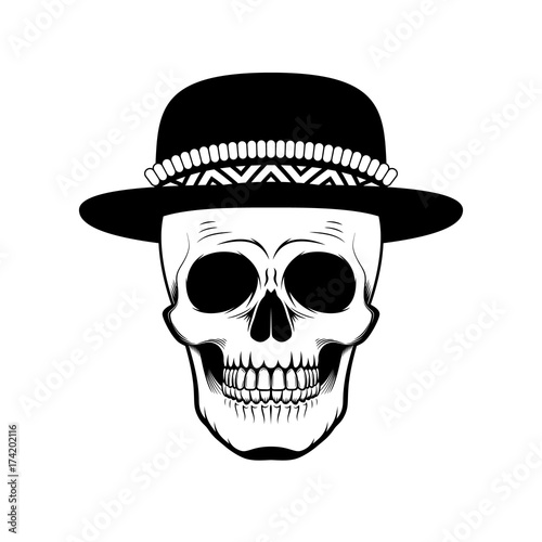 Graphic illustration of skull in hat . Black and white. © Alyoha