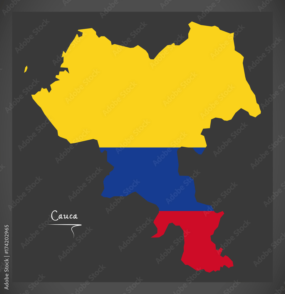 Cauca map of Colombia with Colombian national flag illustration Cauca map of Colombia with Colombian national flag illustration