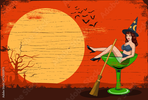 Halloween Party, Illustration of a sexy witch sitting in a martini glass. Vector