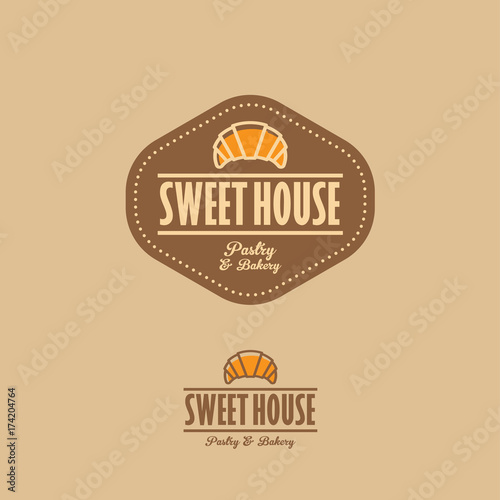 Sweet house logo. Croissant and letters in a brown badge.